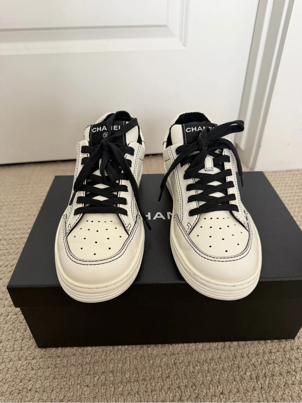 Chanel Women’s White/Black Leather Low-Top Sneakers